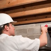 Termite inspection technician checking a basement wall and framing for termite activity in Seattle, WA